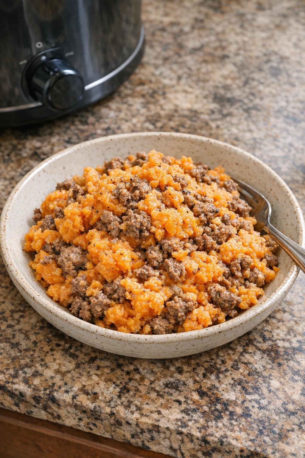 Finished sweet potato beef mash plated in a shallow bowl