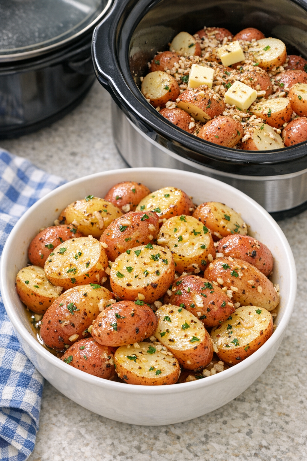 Finished slow cooker red potatoes in a serving bowl