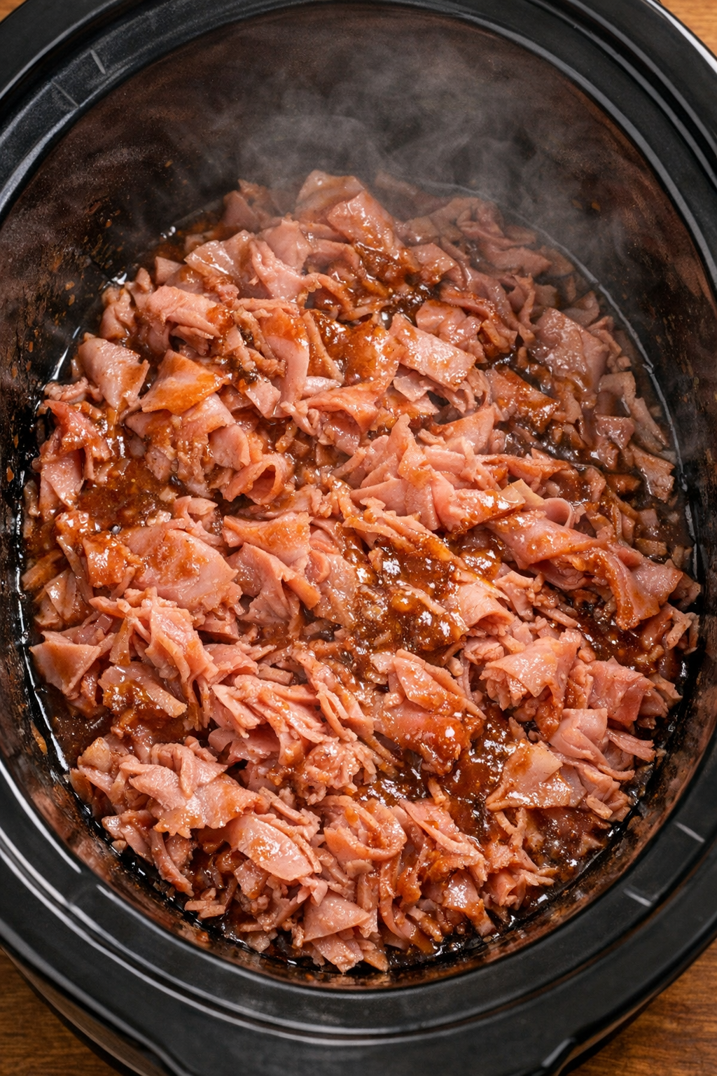 Ham warming in sauce in the slow cooker