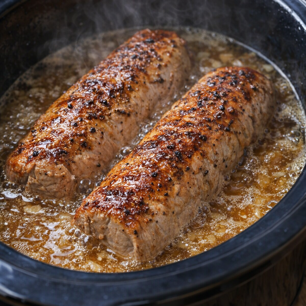 Pork tenderloin cooking in bubbling golden broth inside the slow cooker