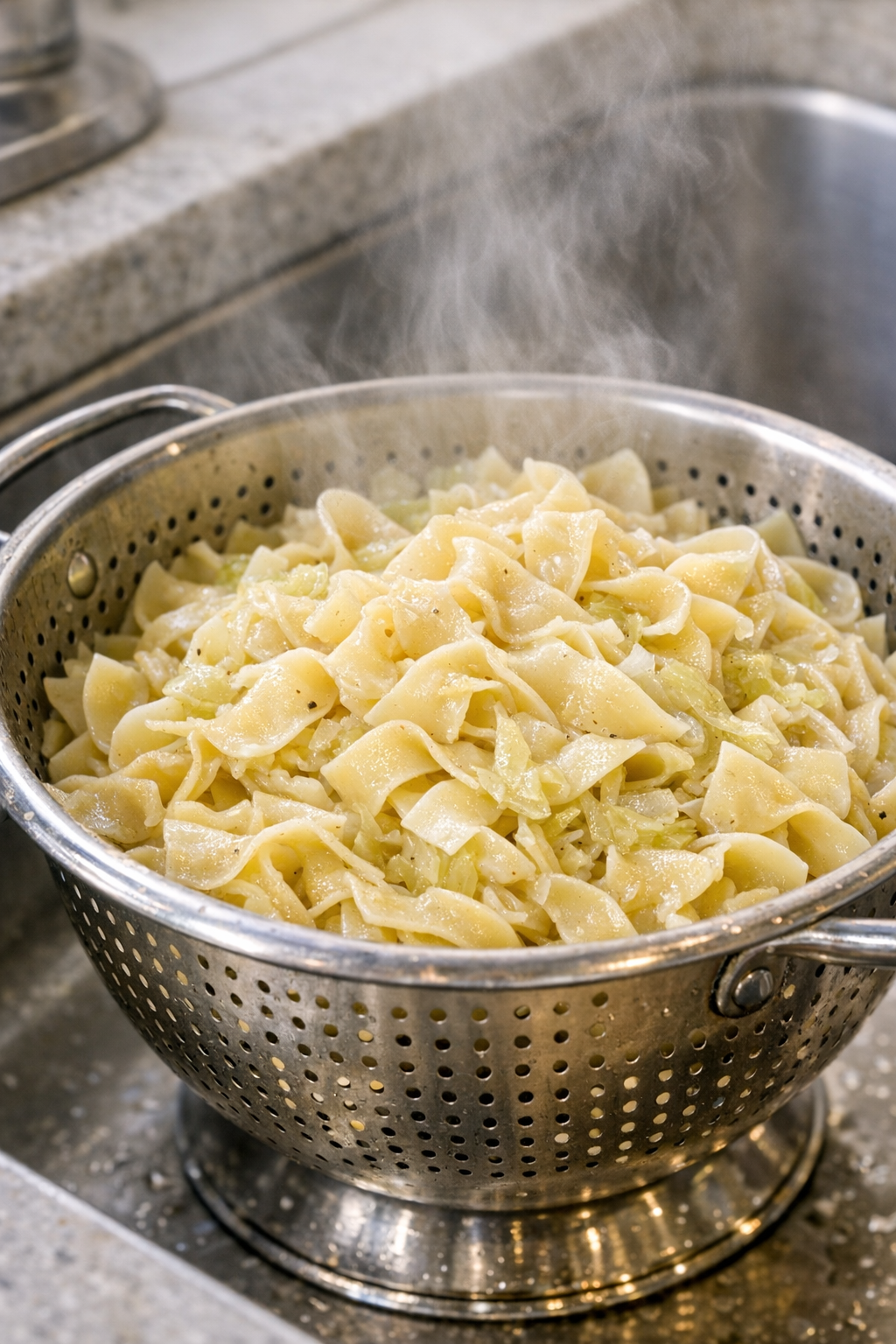 Wide egg noodles just cooked and drained in a colander