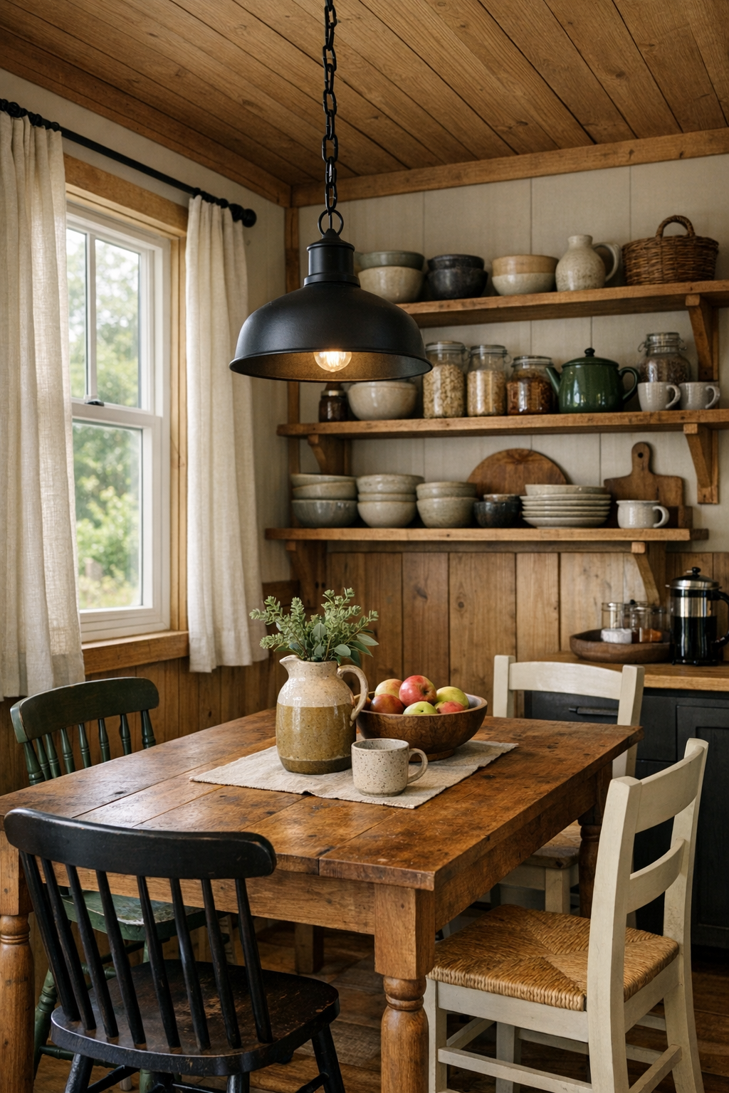 Cozy tiny home dining area with solid wood table, mixed chairs, and a simple pendant light
