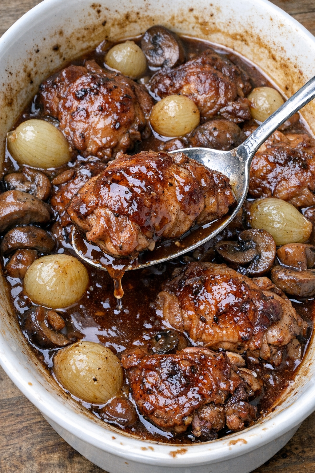 Finished chicken bourguignon in baking dish