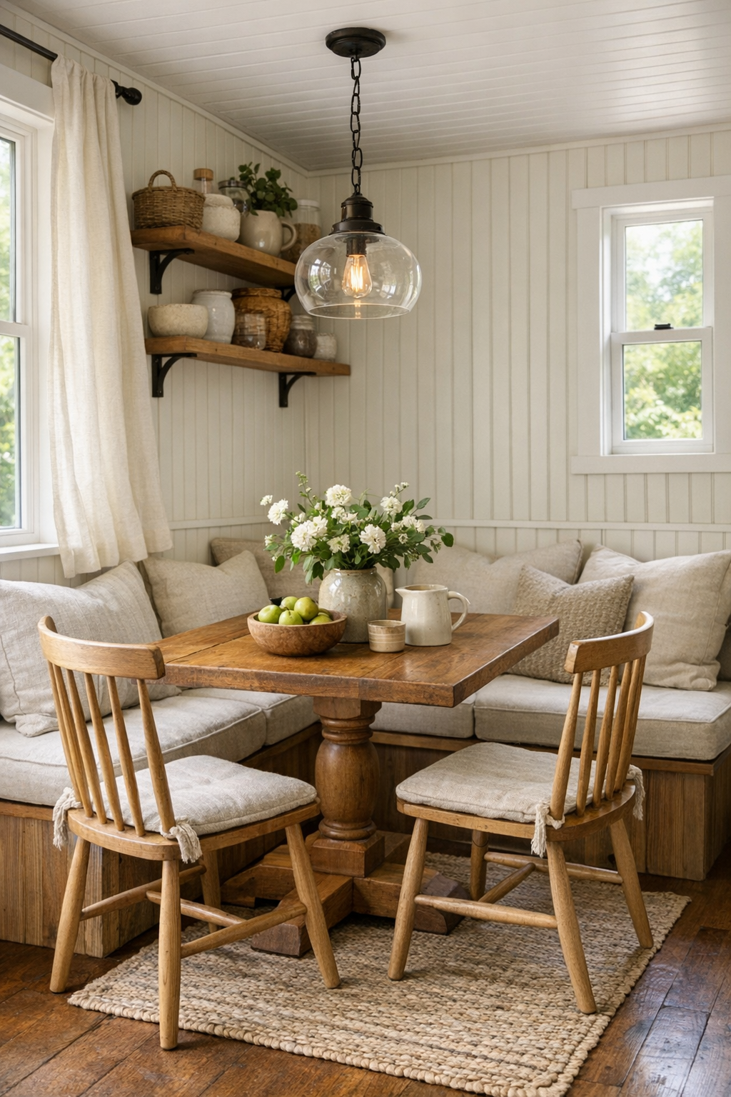 Cozy tiny home dining nook with banquette seating and solid wood table