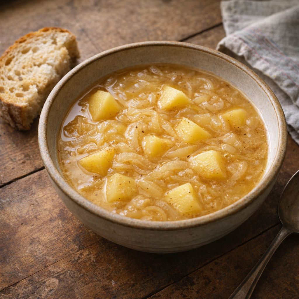 Rustic bowl of onion and potato soup on a farmhouse table