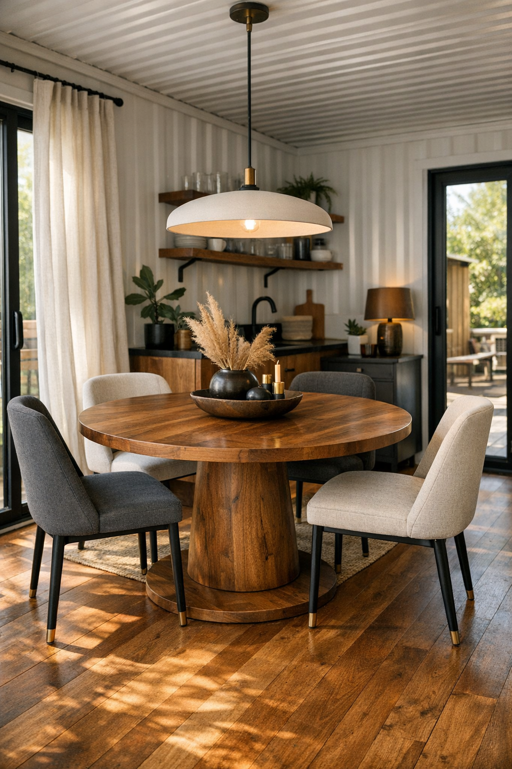 Bright dining room with a round wood table and upholstered chairs in a warm modern container home