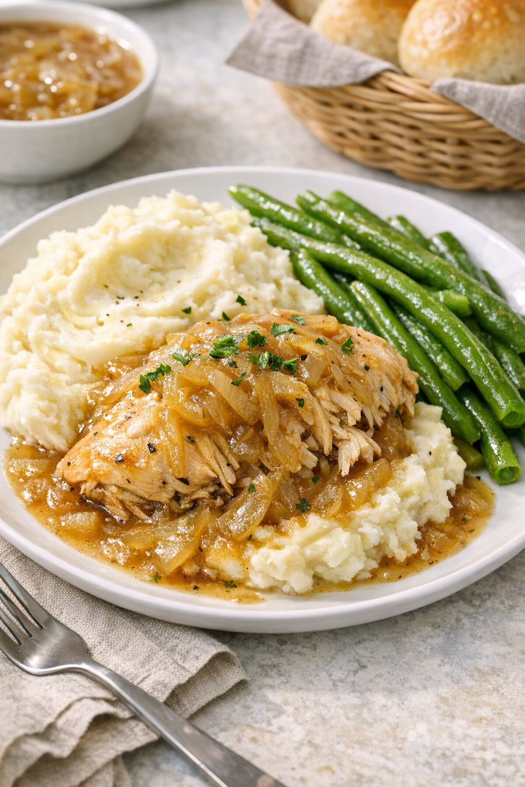 Plated slow cooker chicken with sides