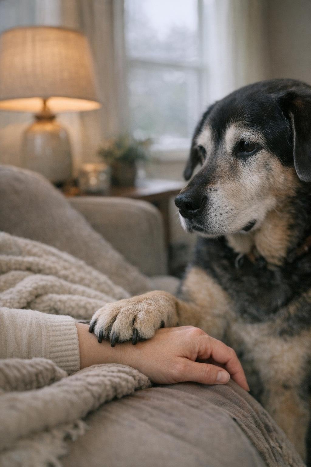 Dog touching an owner's arm for reassurance indoors