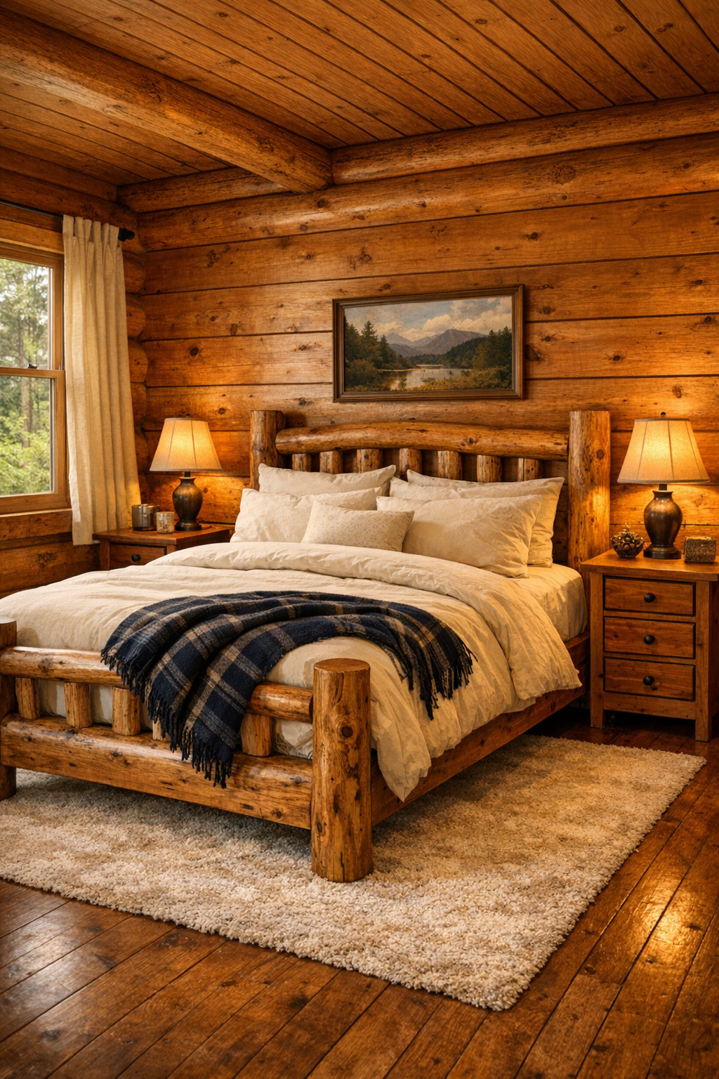 Cozy log home bedroom with handcrafted wood bed, layered neutral bedding, and soft rustic lighting
