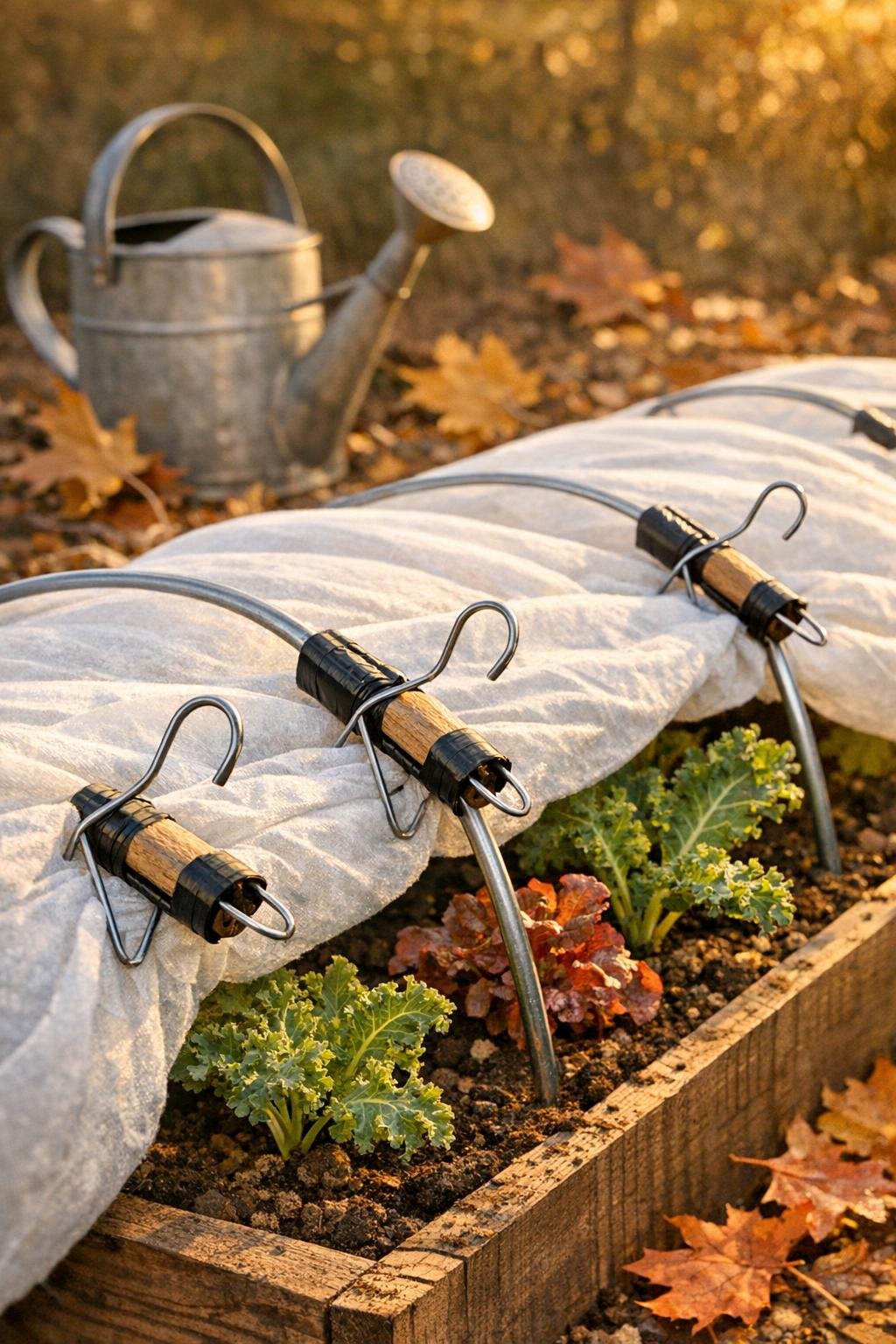 Finished homemade row cover clamps securing fabric on a fall garden bed