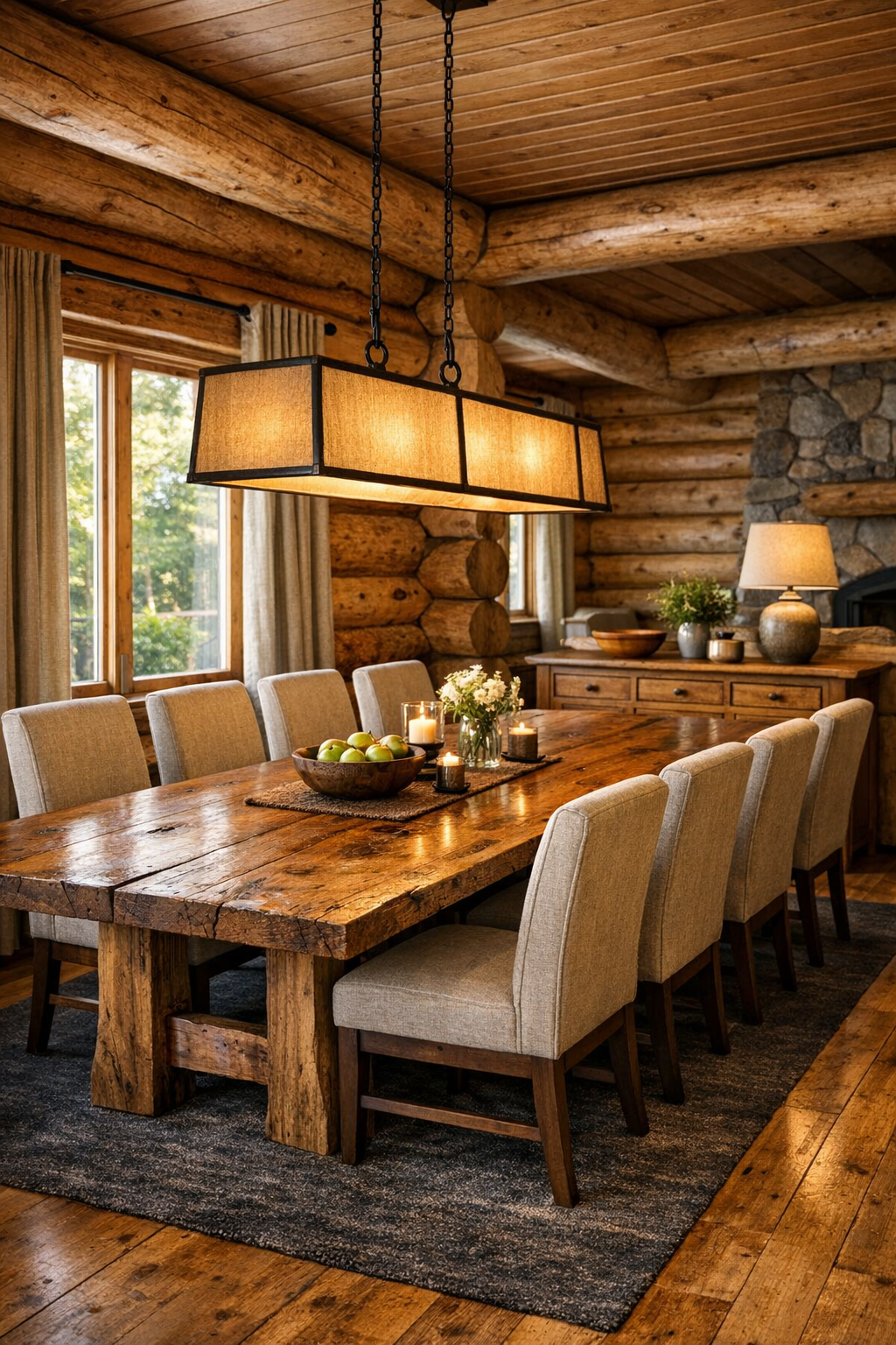 Cozy dining room with handcrafted wood table and soft upholstered chairs