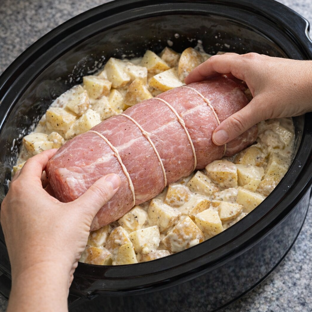 Pork loin roast being set over potatoes in a slow cooker