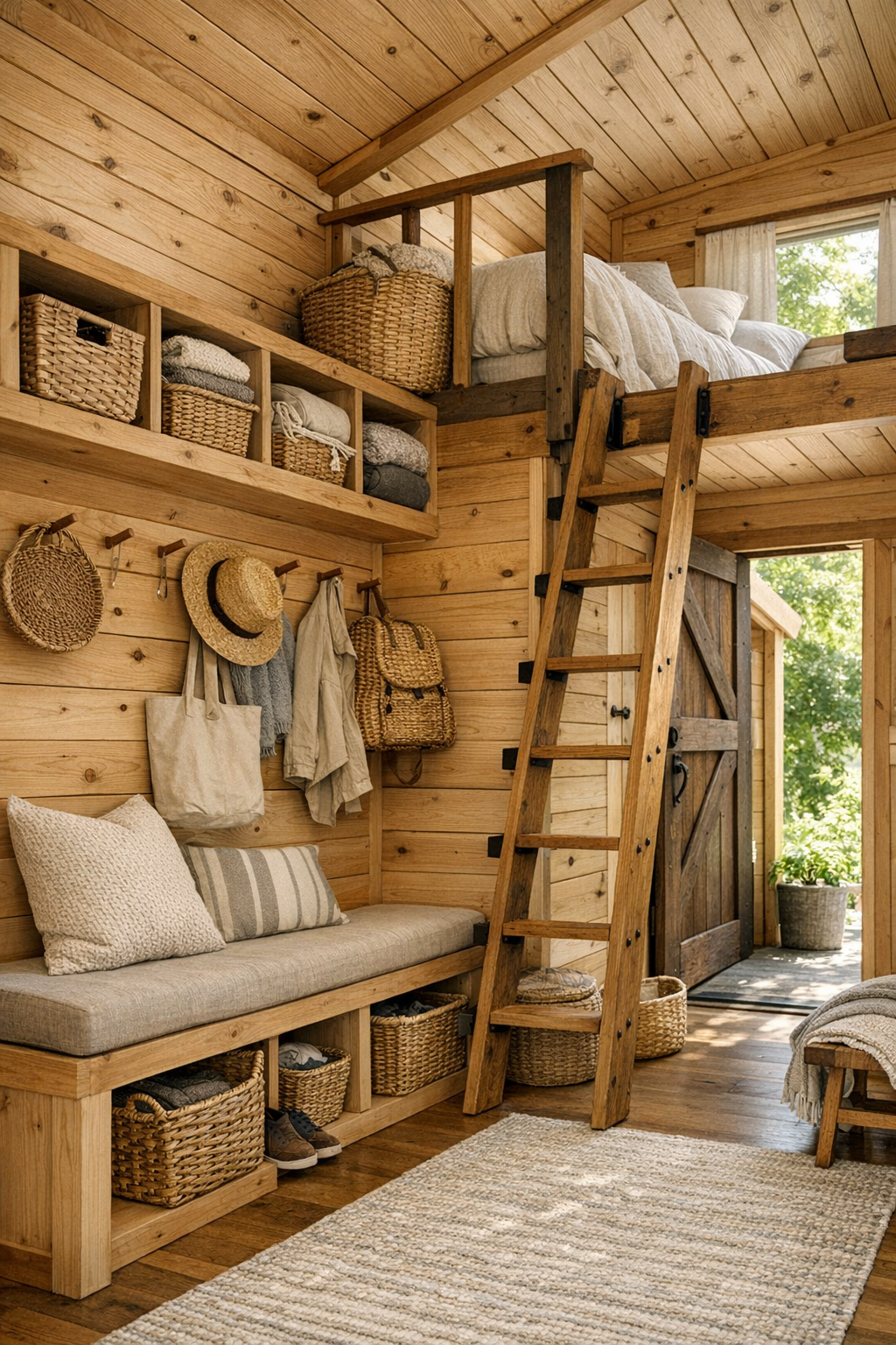 Thoughtful tiny home loft and entry area with built-in storage, pegs, and warm cedar finishes
