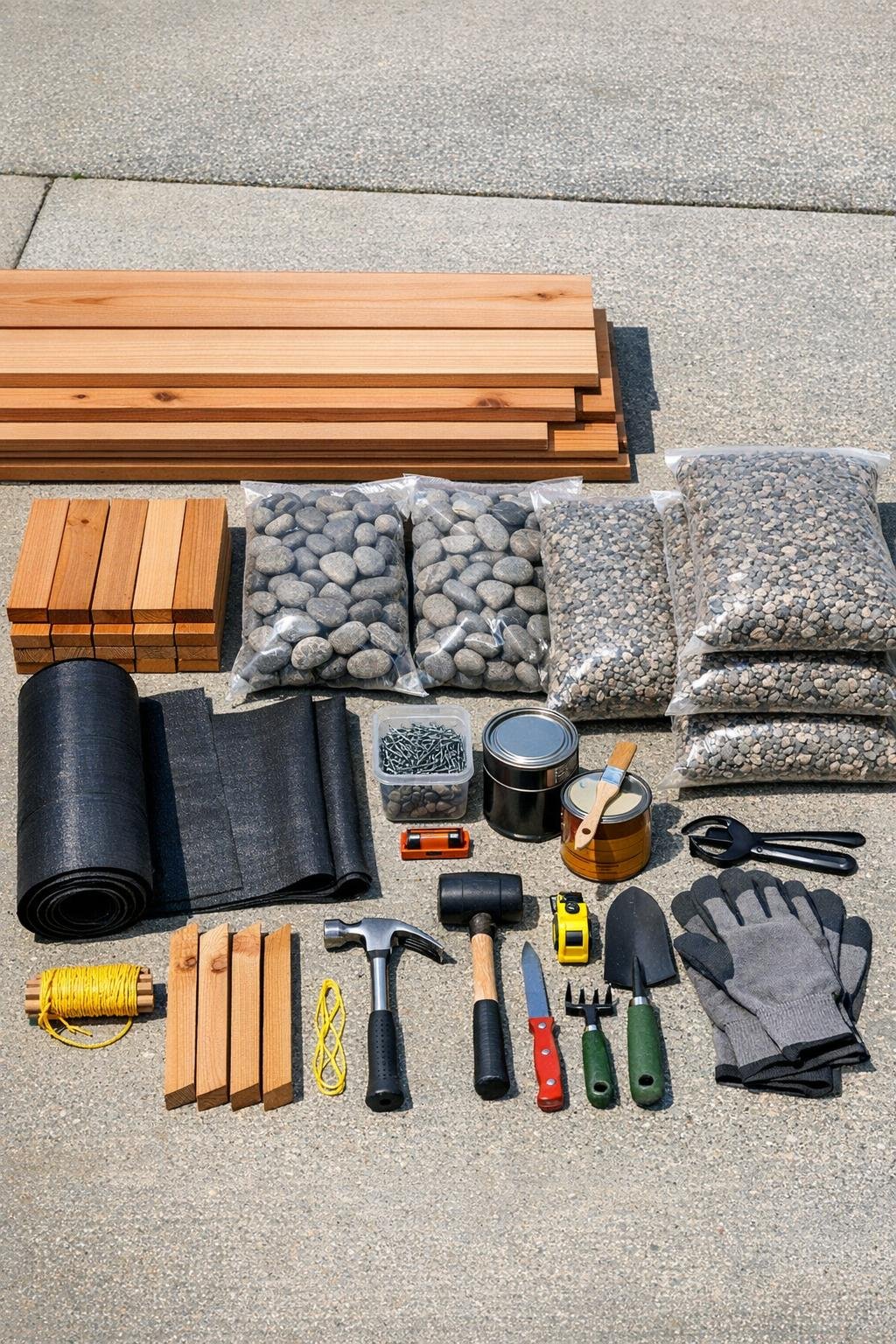 Cedar boards, river rock, landscape fabric, gravel, screws, and tools laid out for the walkway project