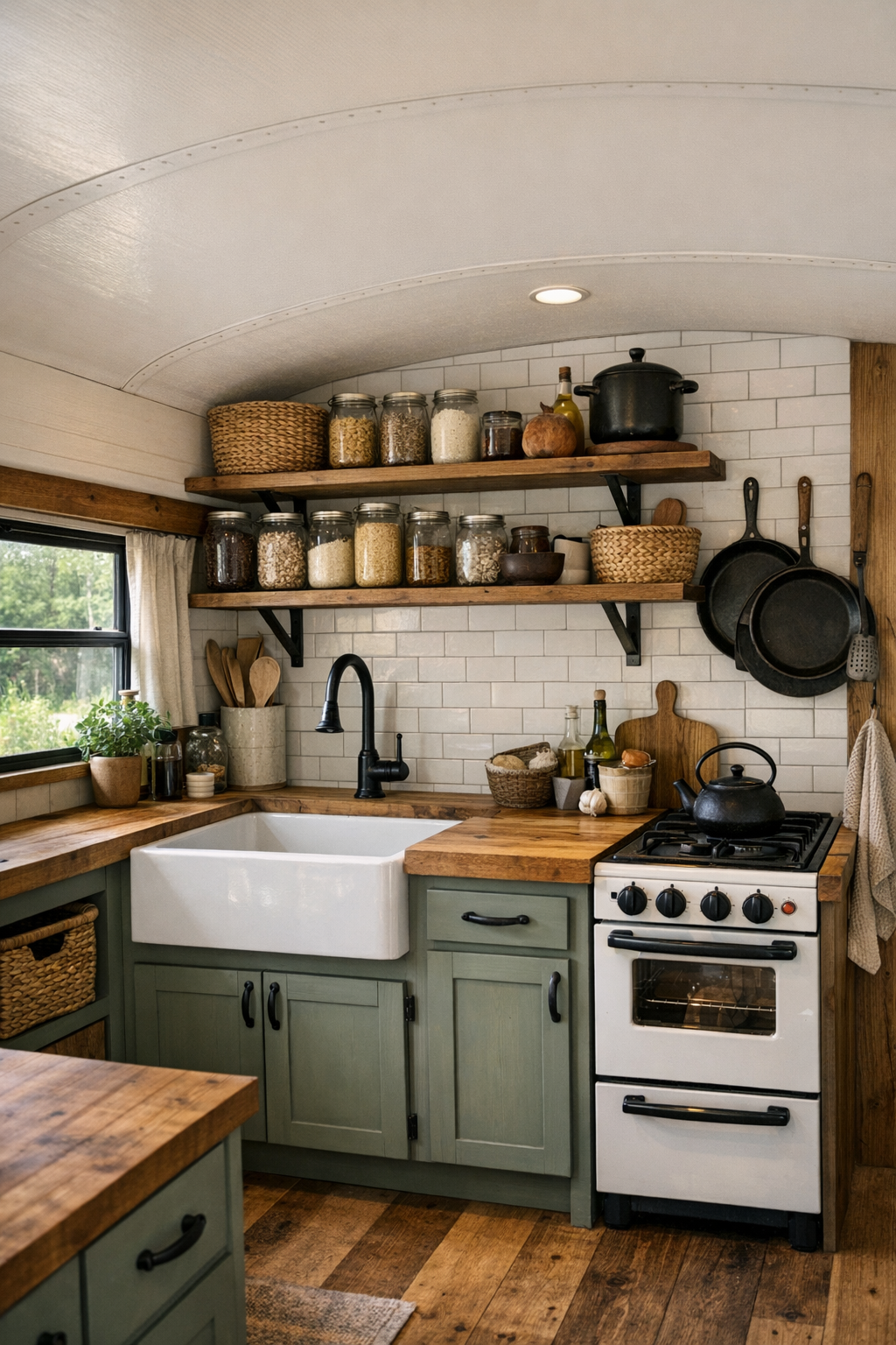 Efficient off-grid bus kitchen with butcher-block counters and open shelving