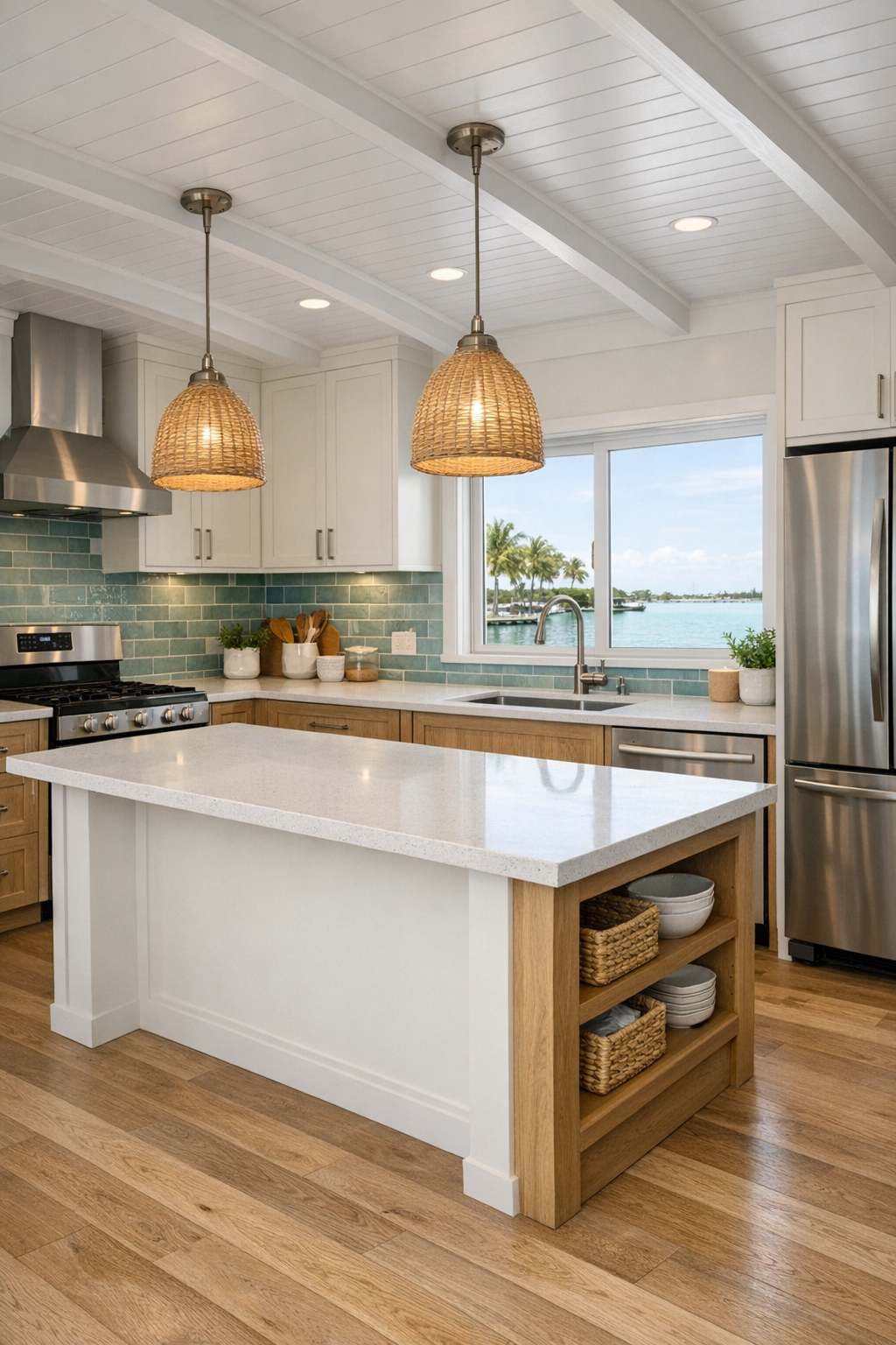Accessible coastal kitchen with pale cabinetry and quartz counters