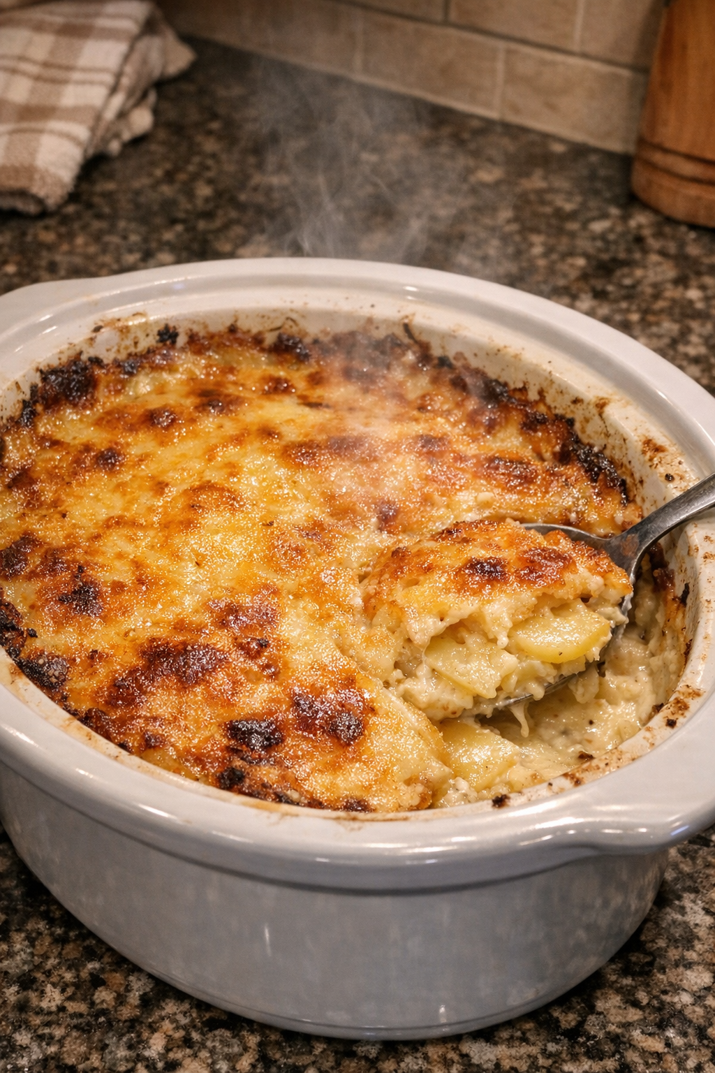 Finished cheesy potato gratin in a white oval slow cooker