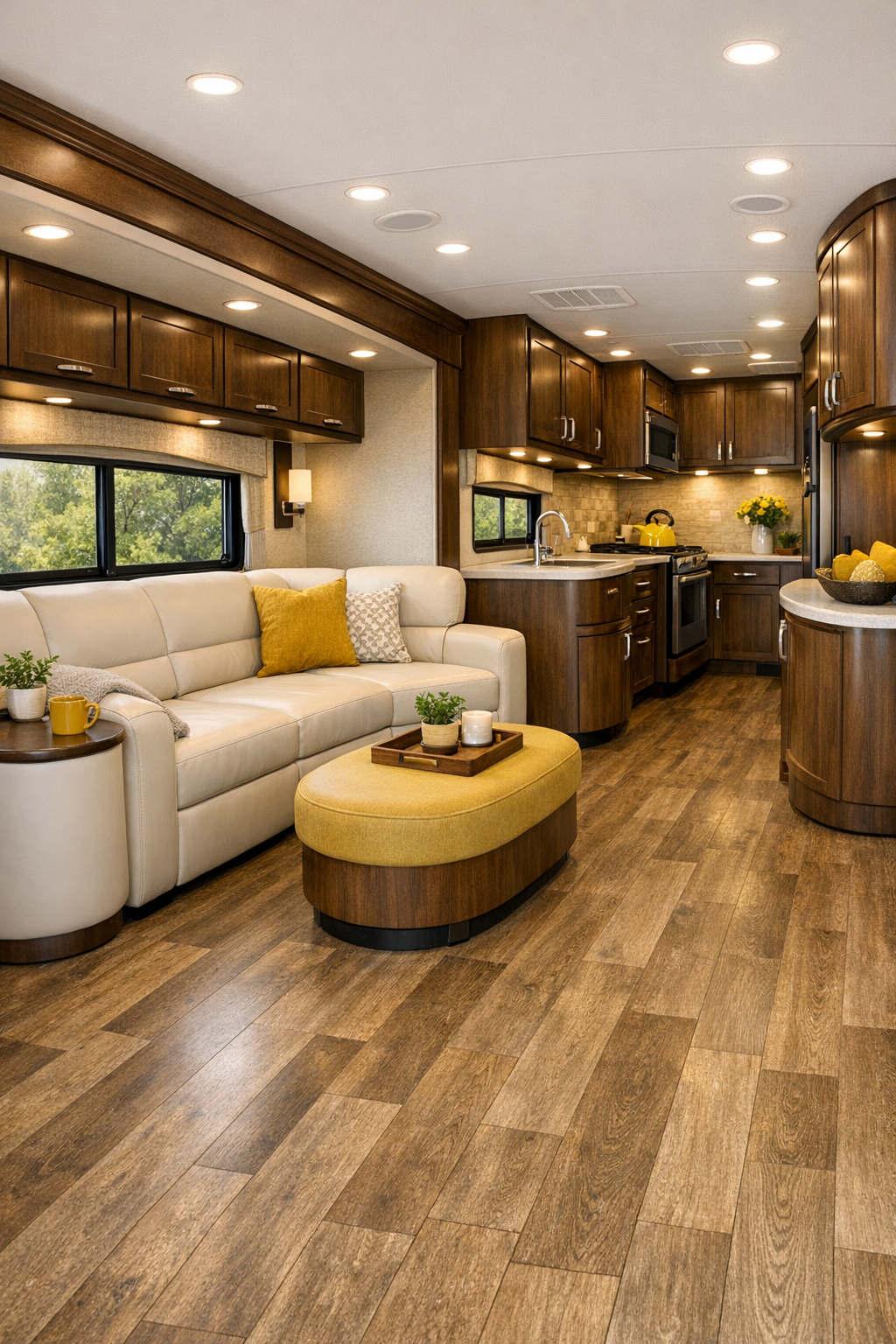 Accessible RV living room with cream sofa, dark walnut cabinetry, and mustard accents