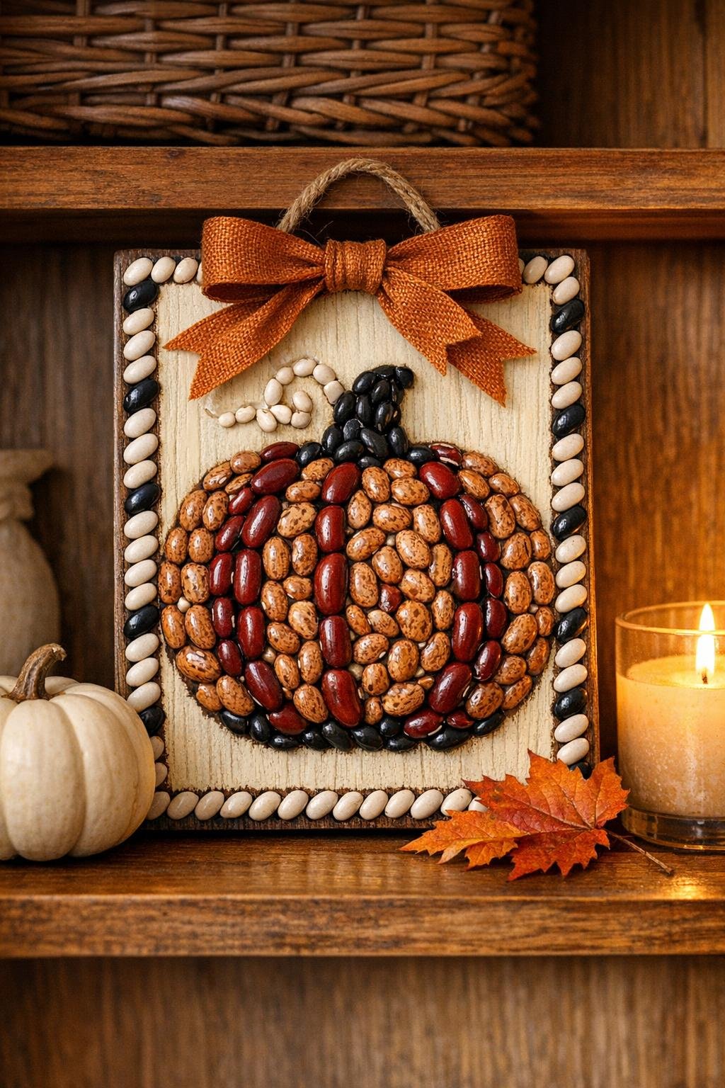 Finished bean mosaic harvest plaque displayed with fall decor