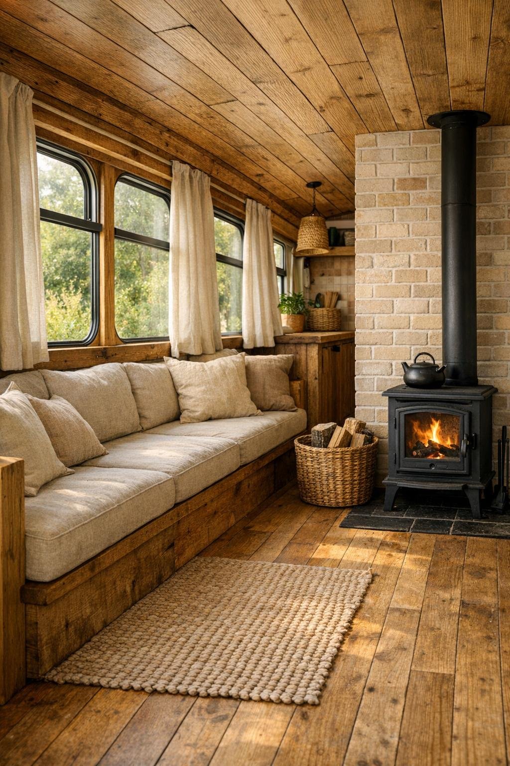 Rustic bus living room with built-in bench seating, wood stove, and warm wood finishes