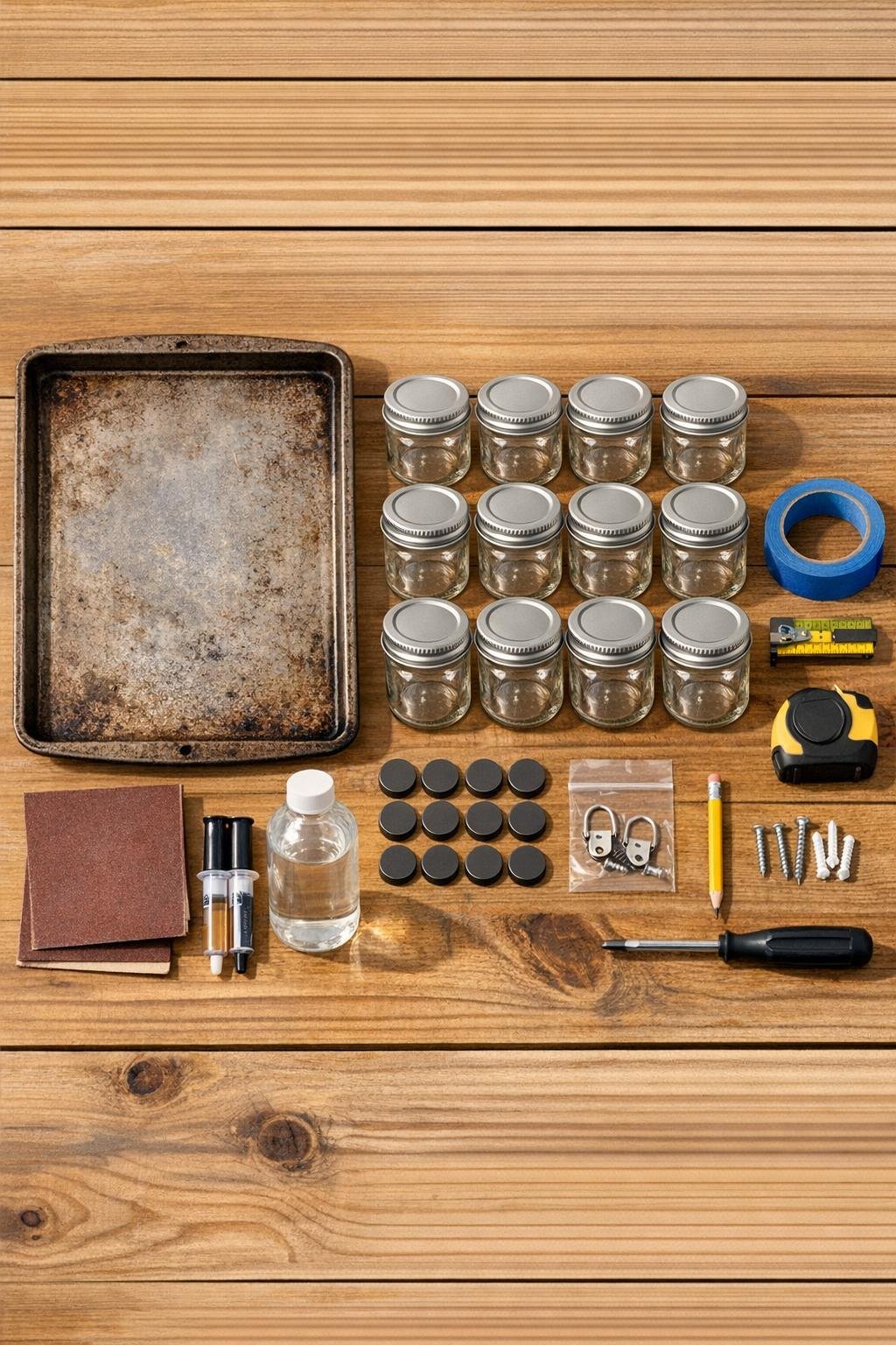 Materials for a magnetic mason jar spice rack laid out on a table