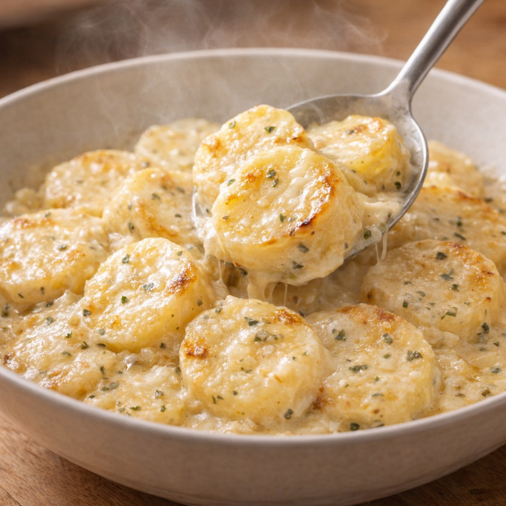 Finished slow cooker potatoes scooped into a serving bowl