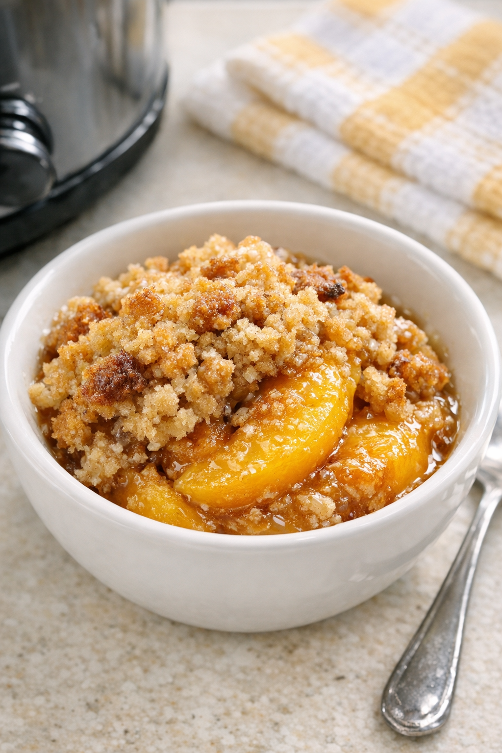 Finished peach betty served warm in a bowl