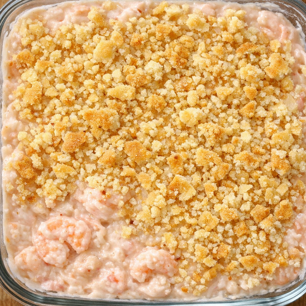 Southern creamy shrimp spread in a glass casserole dish
