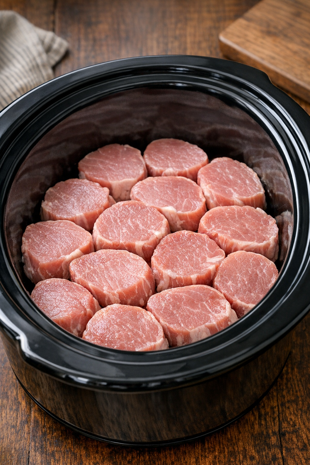 Raw pork medallions arranged in a slow cooker
