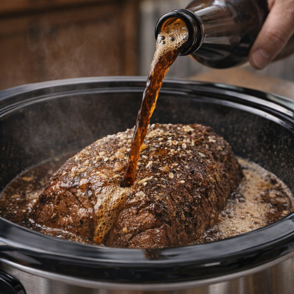 Dark beer being poured into a slow cooker over seasoned beef roast