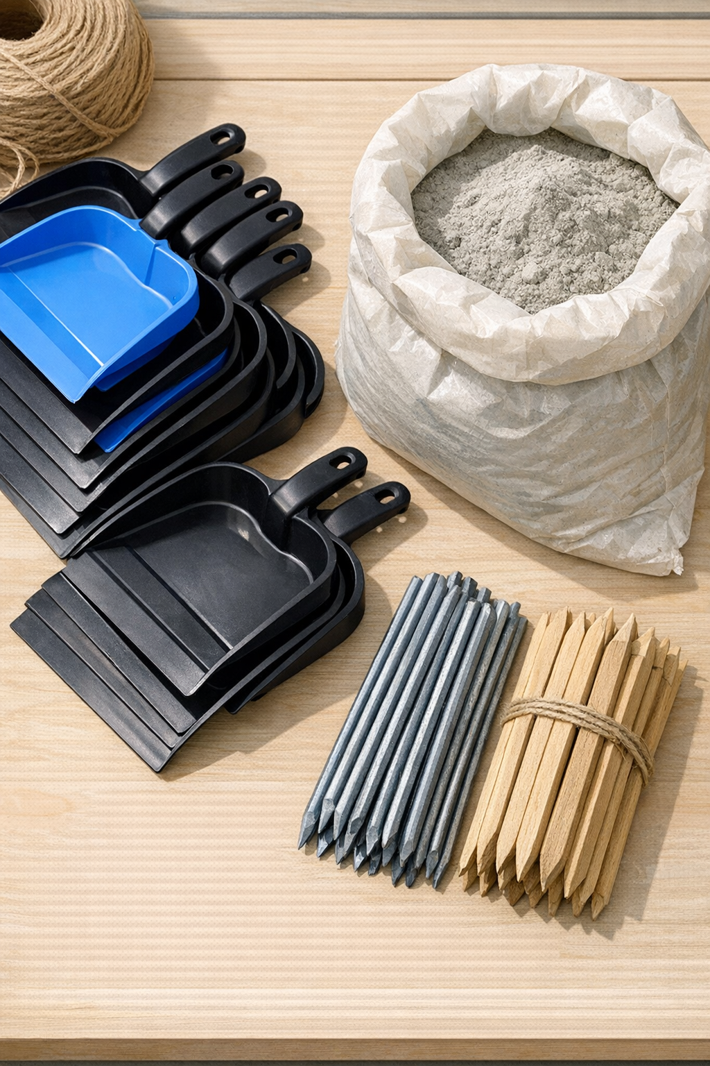 Plastic dustpans, cement mix, and reinforcing stakes laid out for the project
