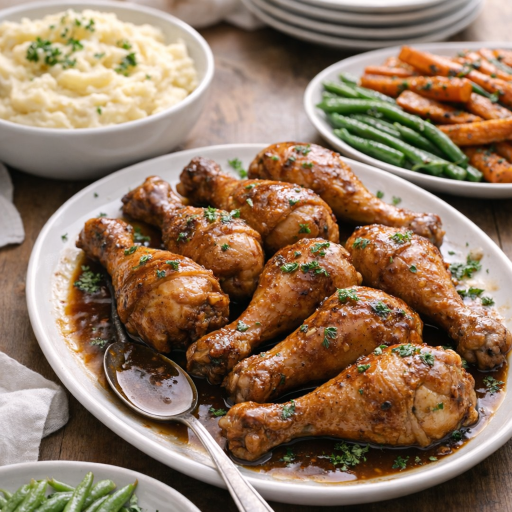 Holiday drumsticks served with family-friendly side dishes
