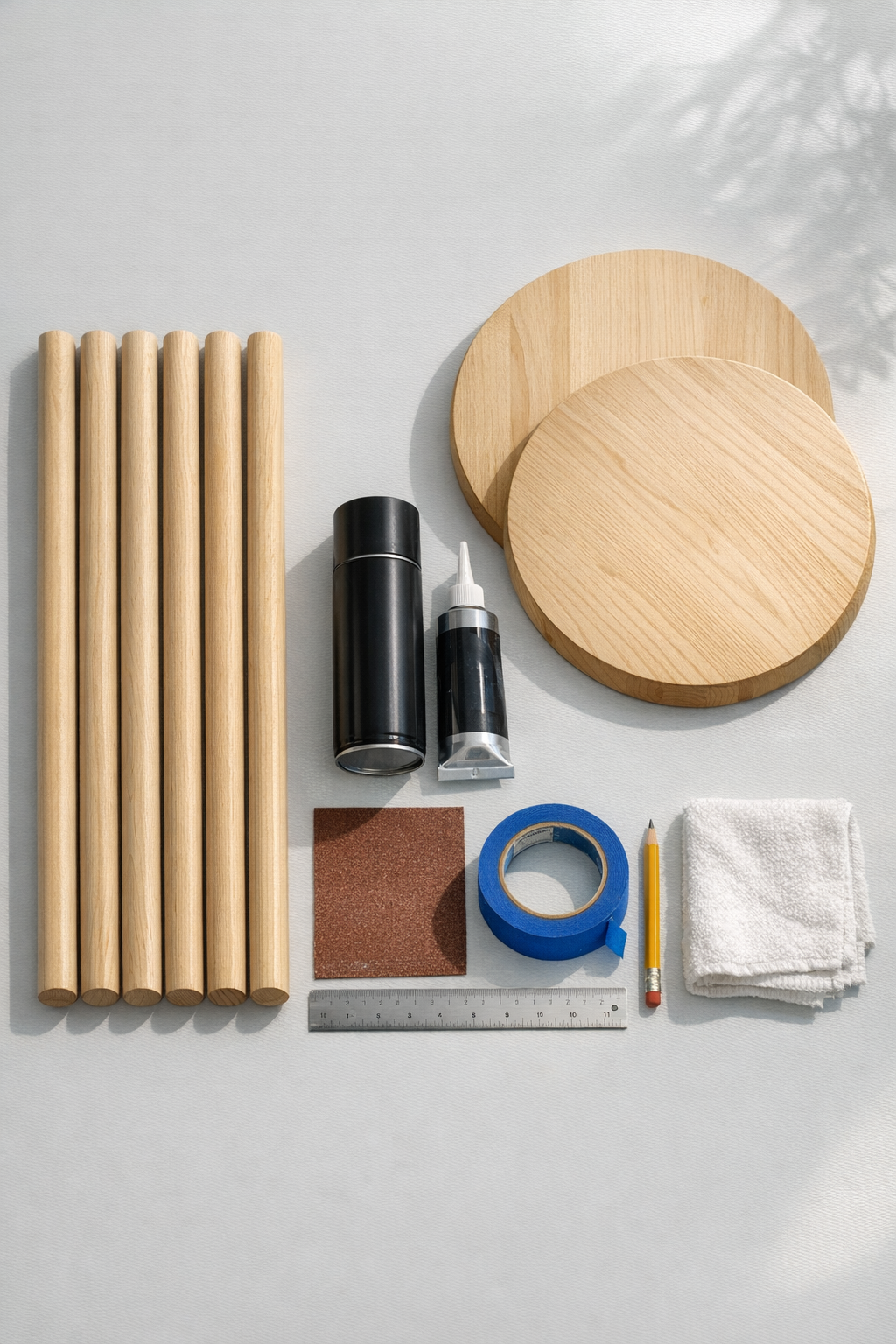 Materials for making two wooden porch plant stands laid out on a worktable