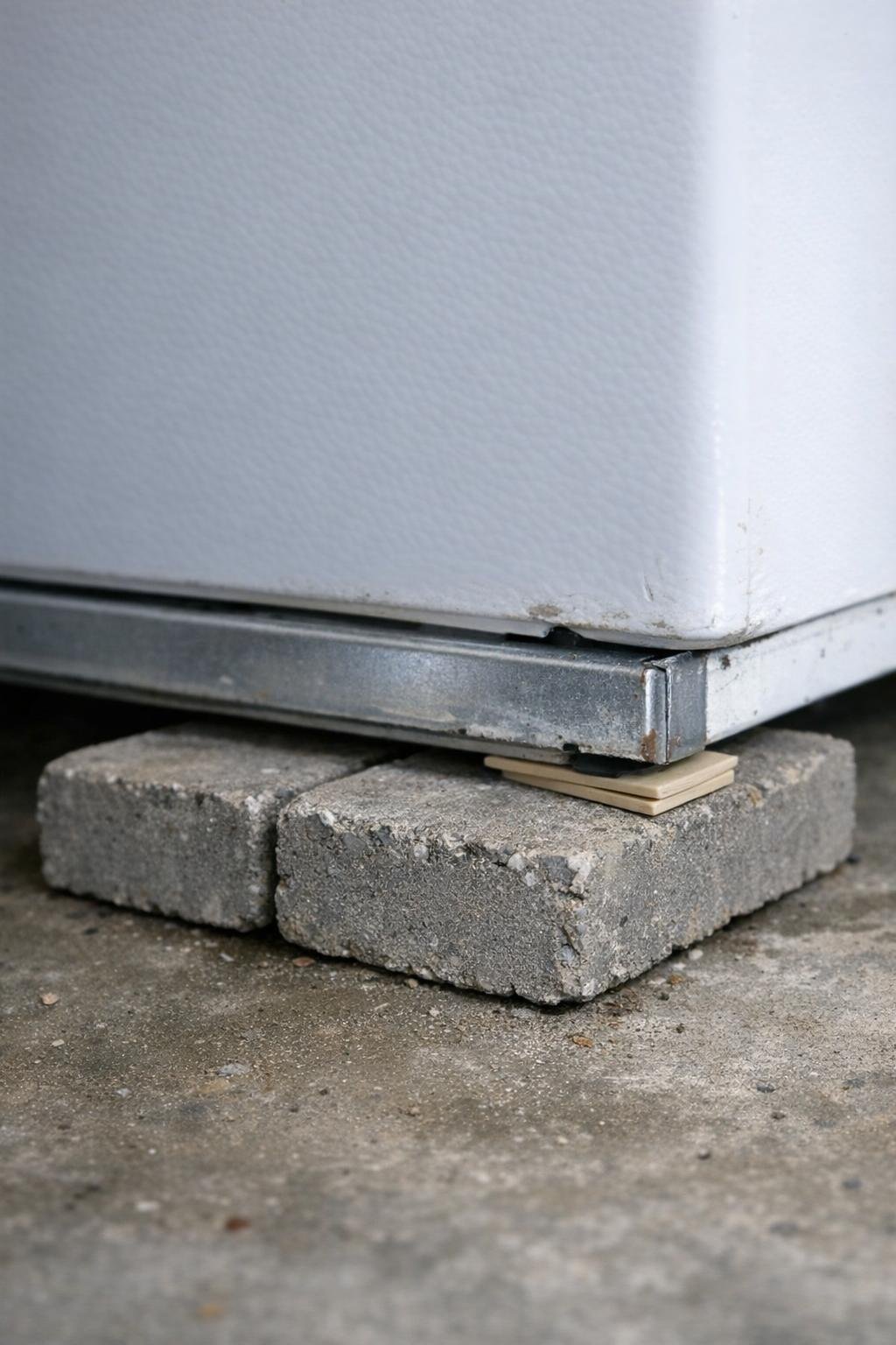 Concrete pavers positioned under a chest freezer base