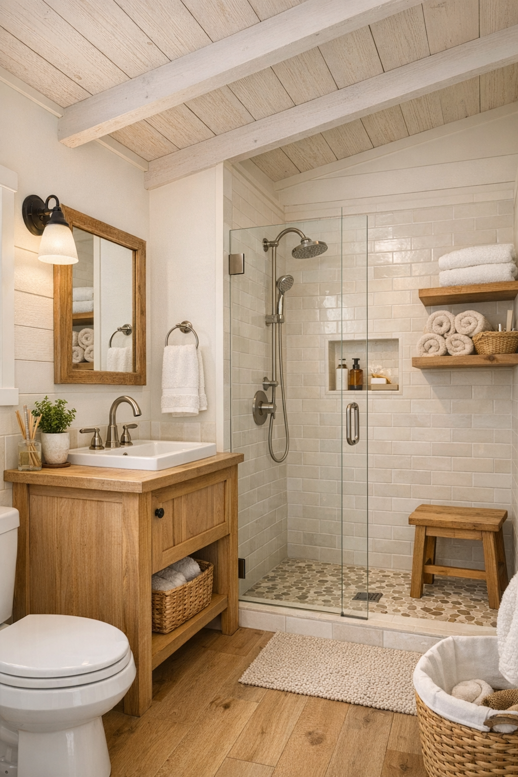 Bright tiny home bathroom with a wood vanity, creamy tile, a walk-in shower, and simple handcrafted finishes