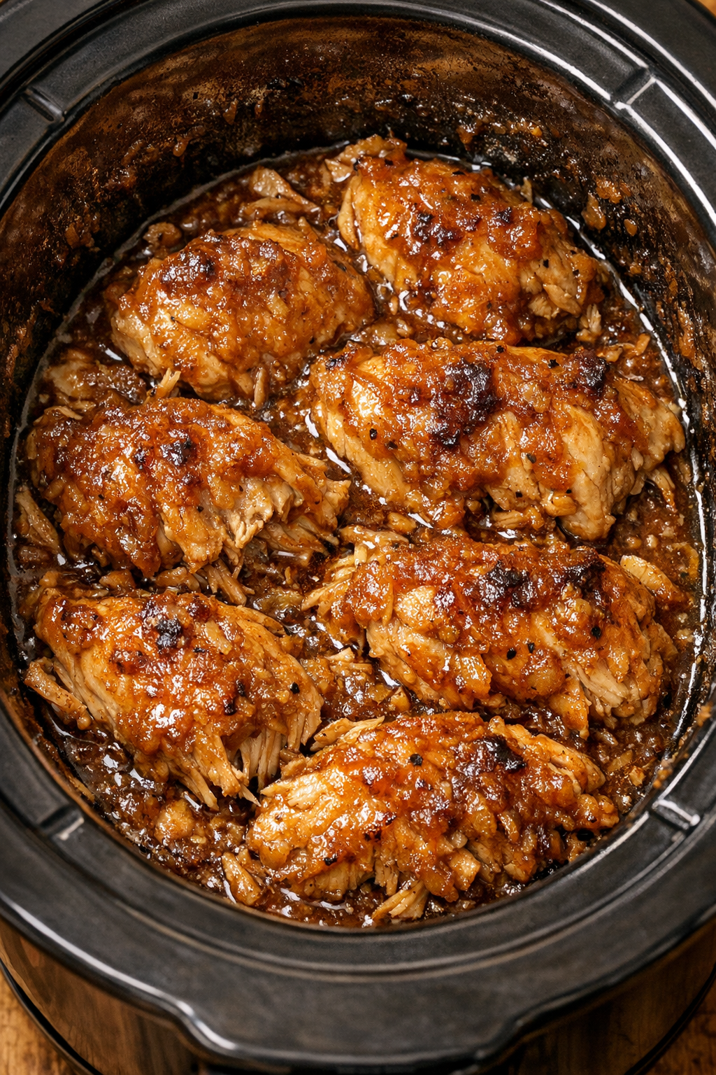 Cooked applesauce chicken tender in the slow cooker