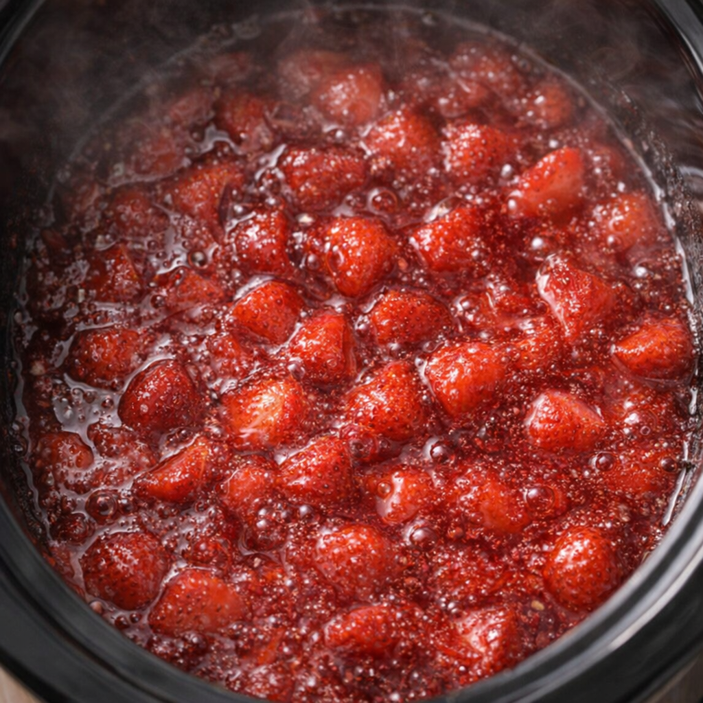 Cooked strawberries bubbling in red syrup in the slow cooker