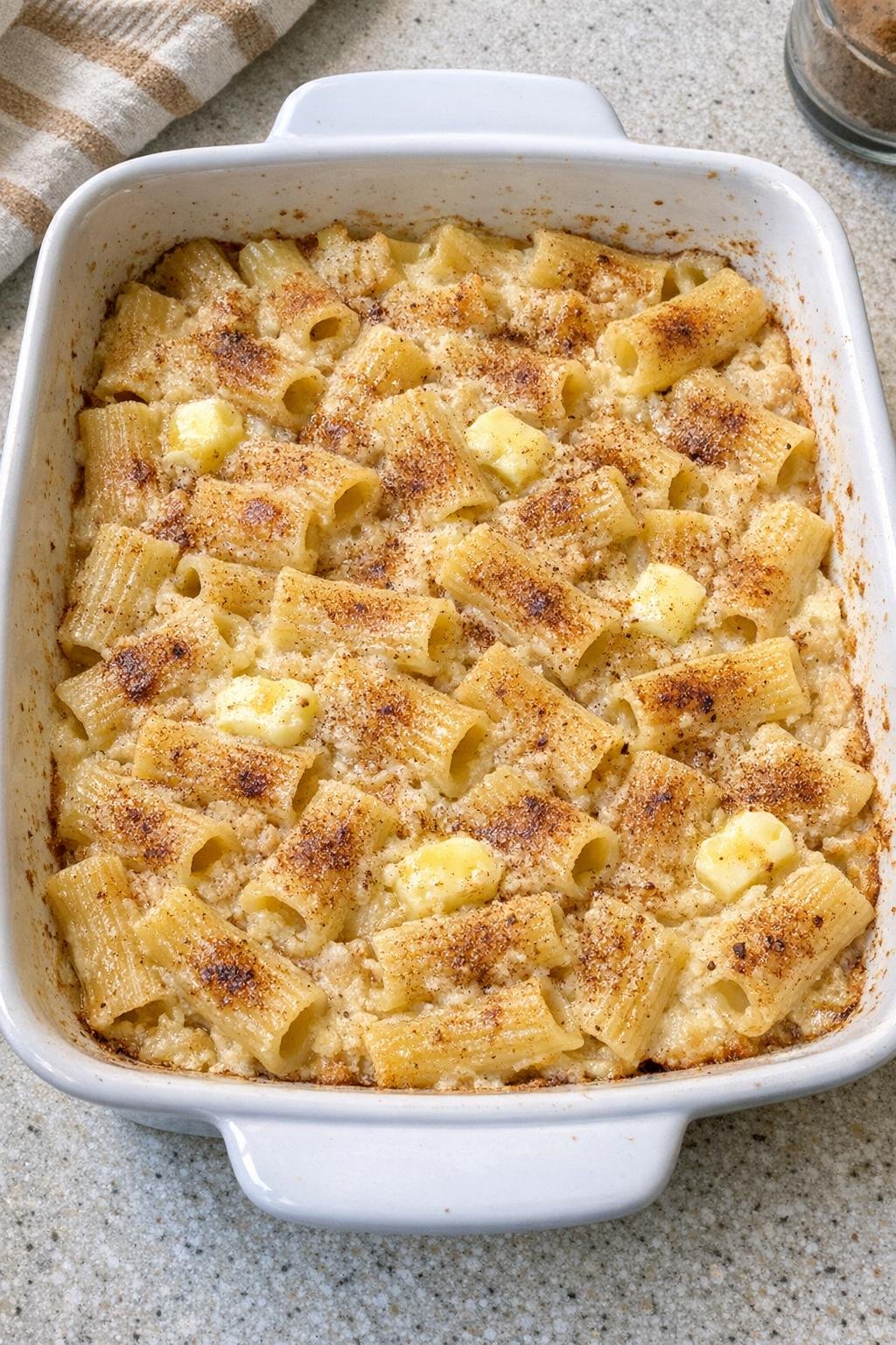 Finished baked sweet rigatoni dessert in a white ceramic casserole dish