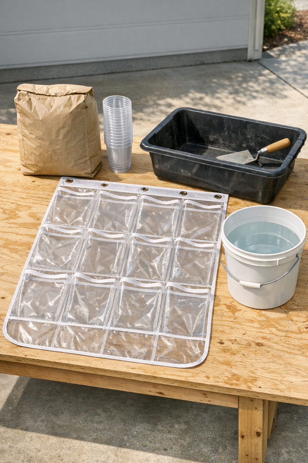 Materials for making concrete yard blocks with a plastic shoe organizer
