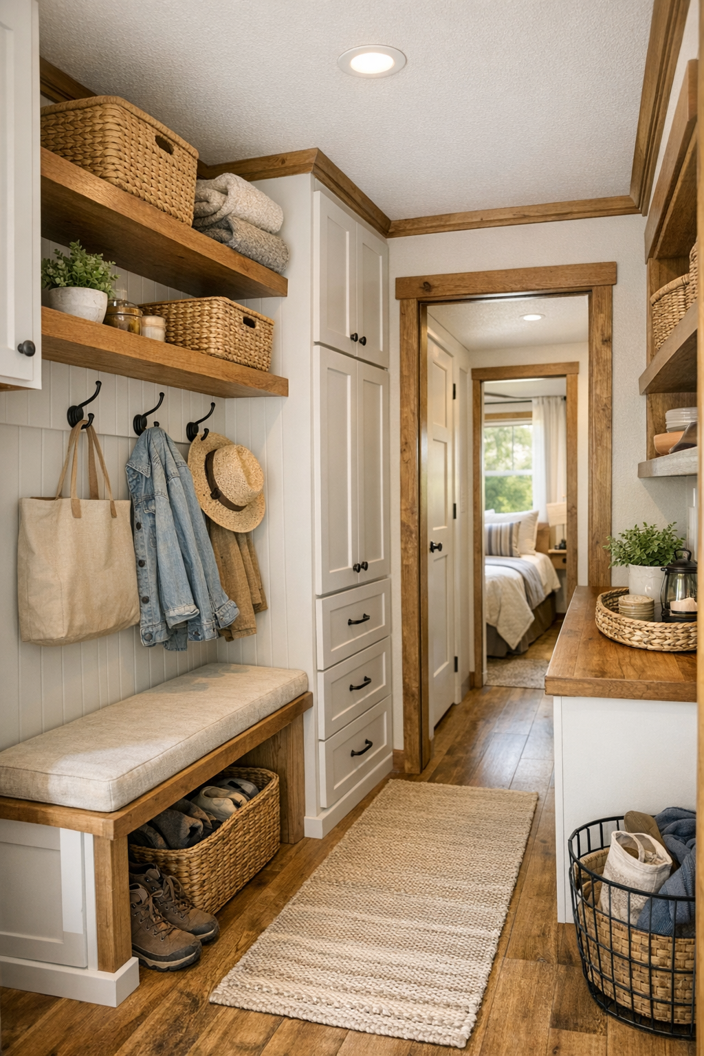 Well-designed small-space hallway and built-in storage area with cottage details