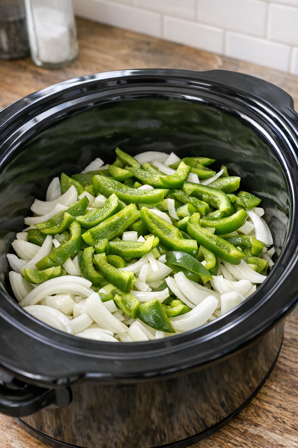 Sliced onions and green peppers layered in a slow cooker