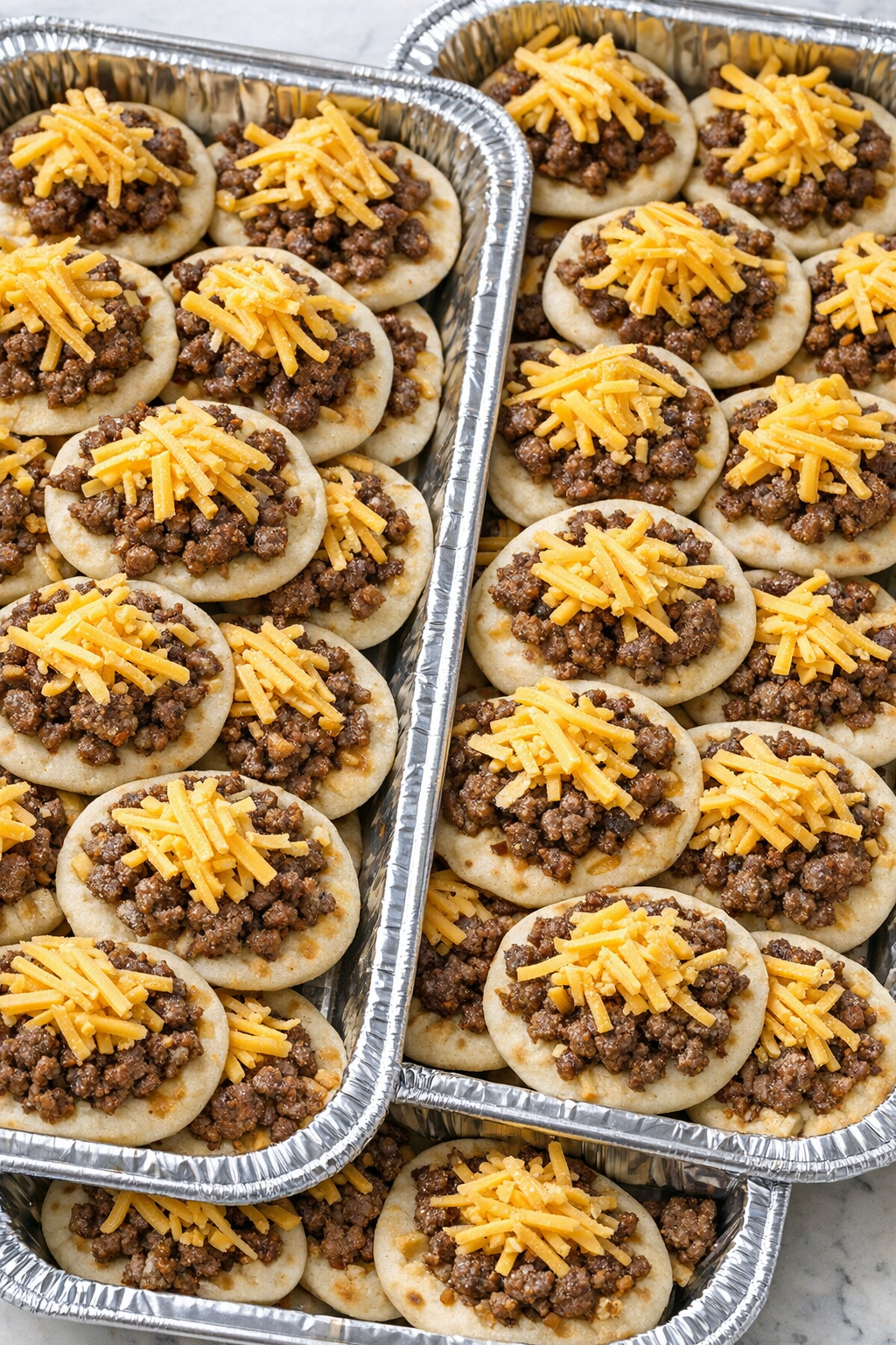Flatbreads topped with beef and cheese before baking