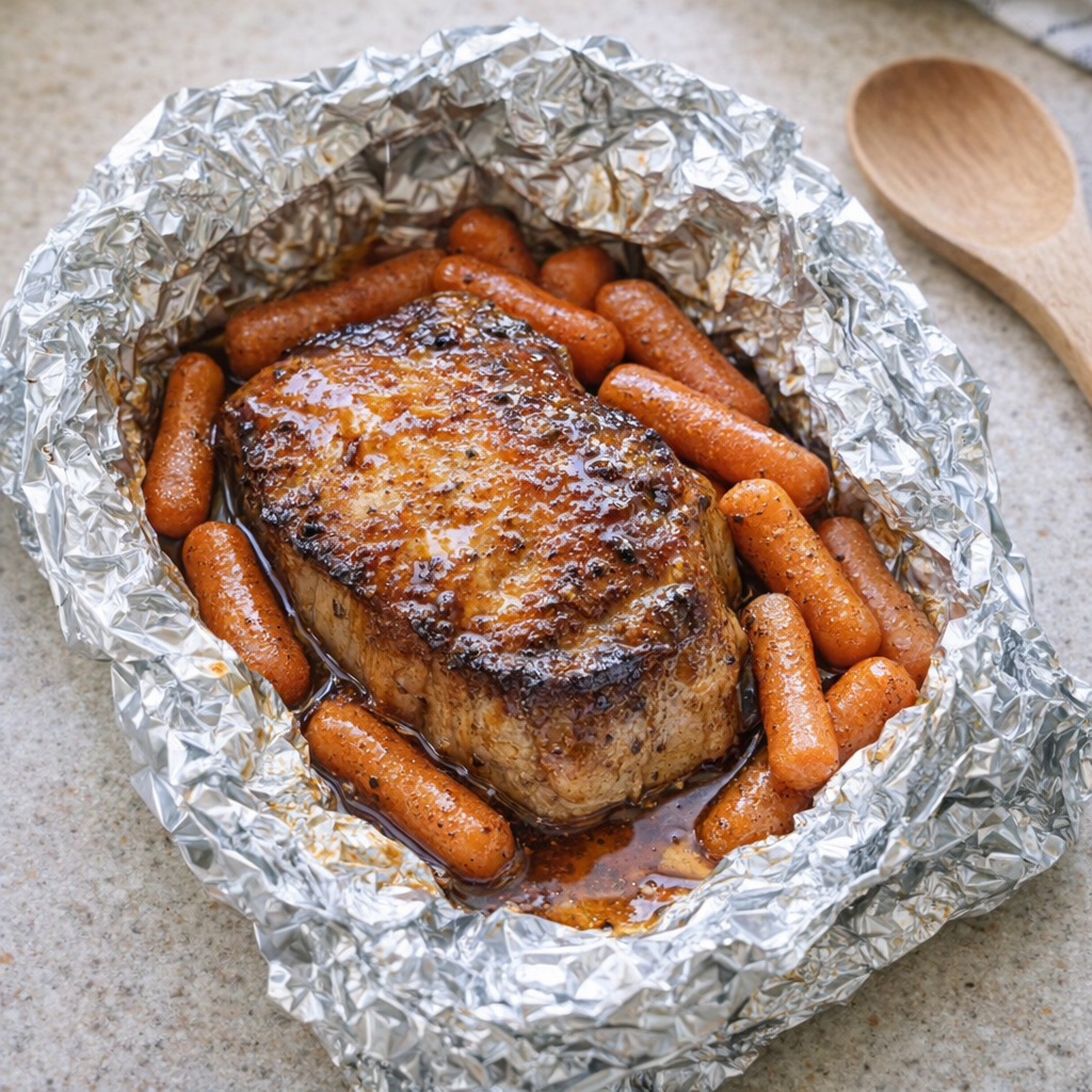 Foil-wrapped honey pork chop packet on a kitchen counter