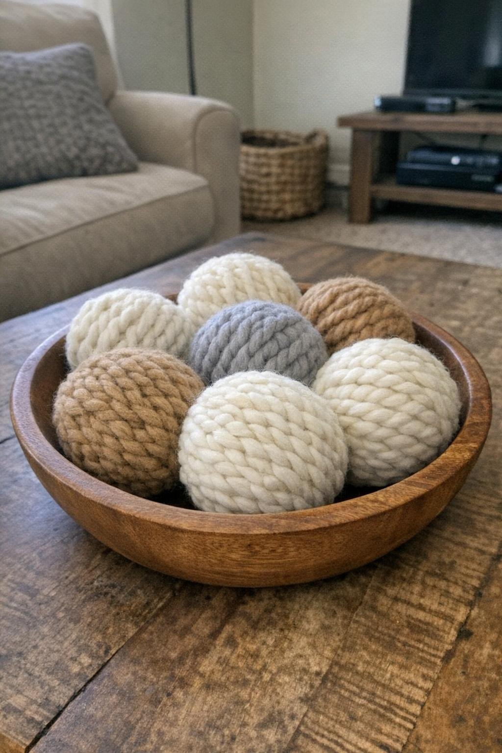 Yarn-wrapped decorative balls in a bowl