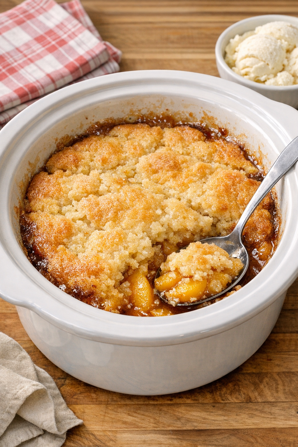 Finished peach cobbler in a slow cooker