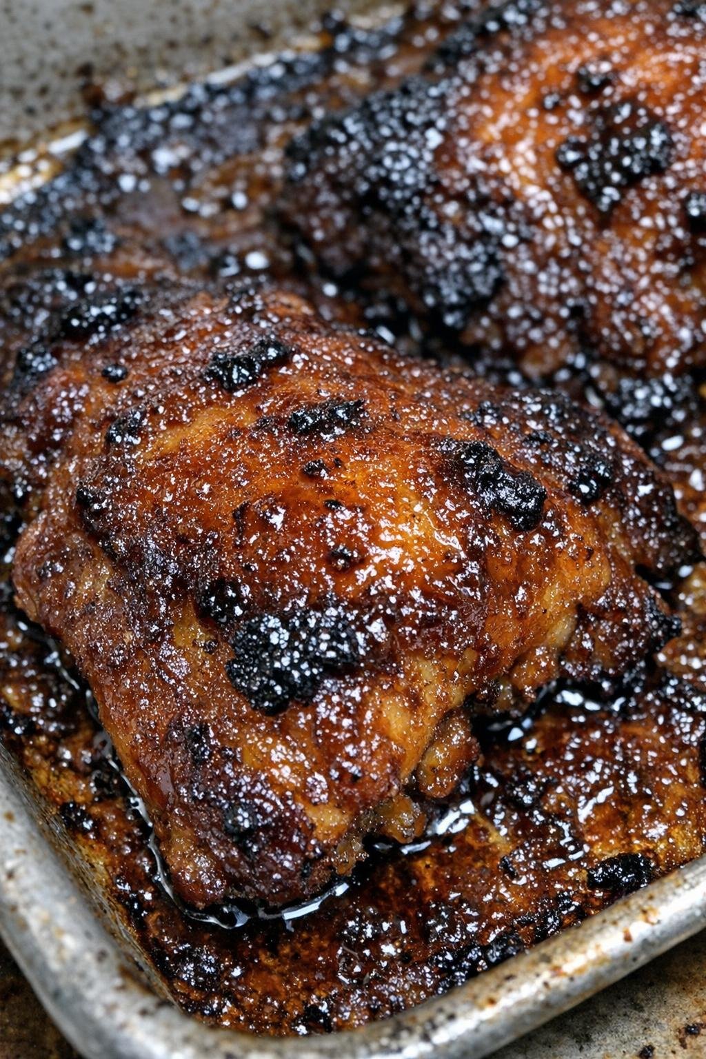 Caramelized roasted protein in a metal baking sheet