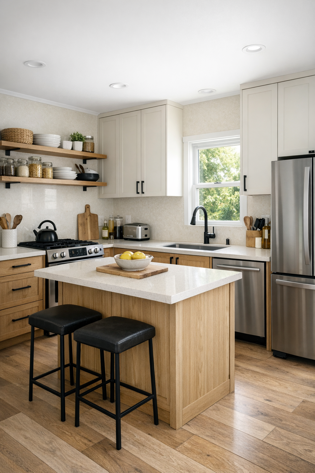Bright functional kitchen with white oak cabinets and creamy quartz counters
