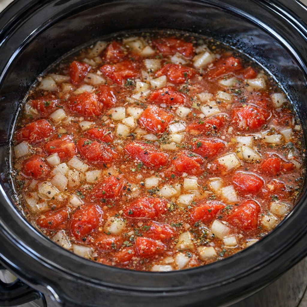 Slow cooker filled with tomatoes and broth before cooking