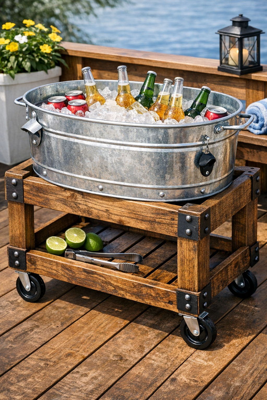Finished outdoor cooler cart made from a galvanized tub set into a wooden crate on black caster wheels