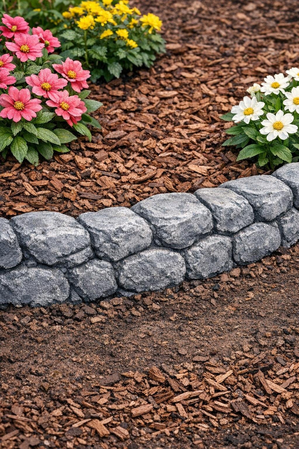 Finished faux stone garden border along a flower bed